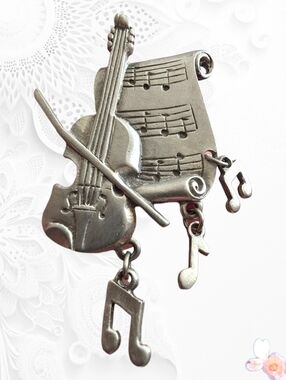 Vintage Violin Sheet Music Brooch Music Note Dangle Pin Pewter